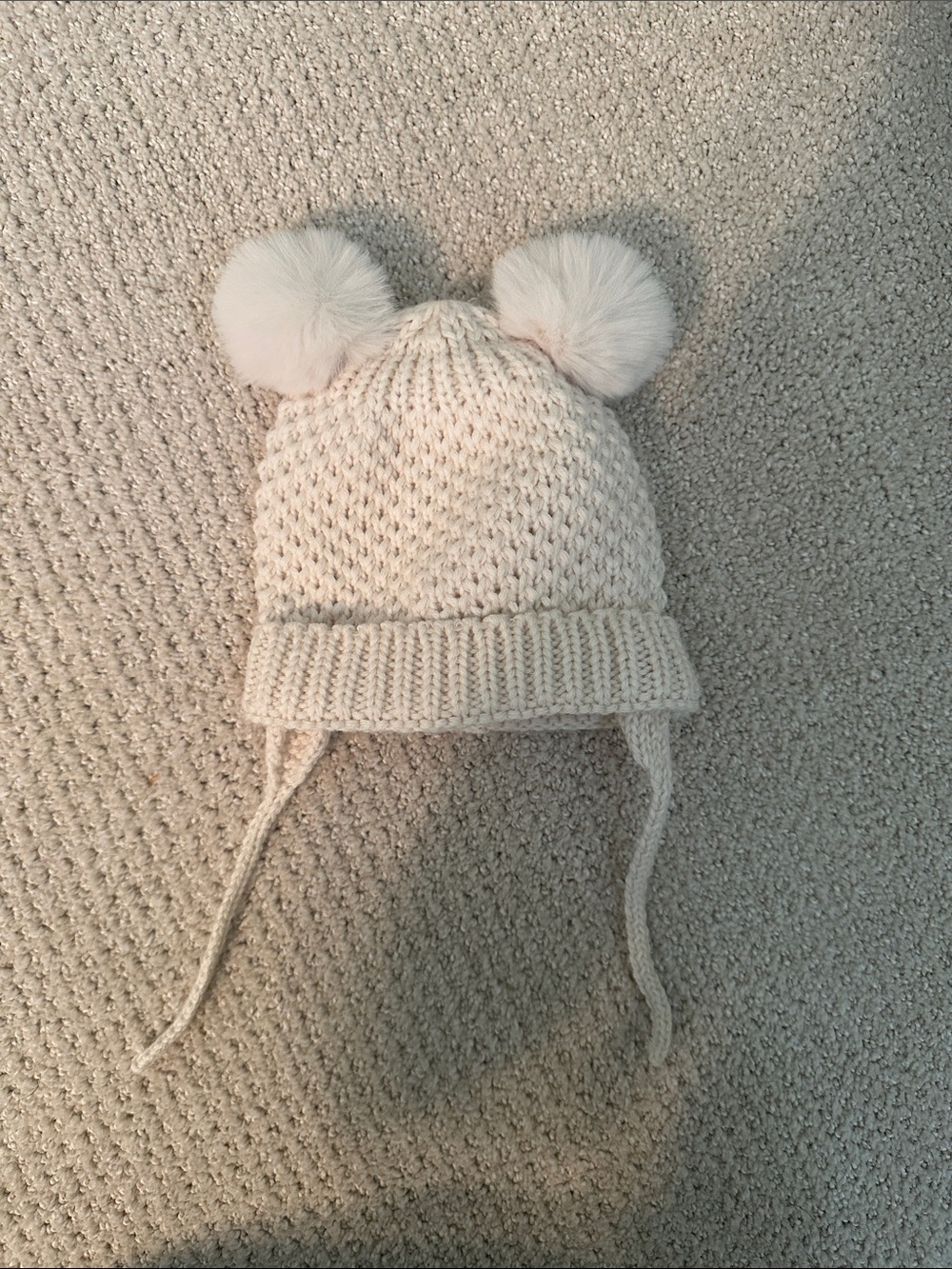 Zara Cream Knit Beanie with Double Pom-Poms and Ear Ties